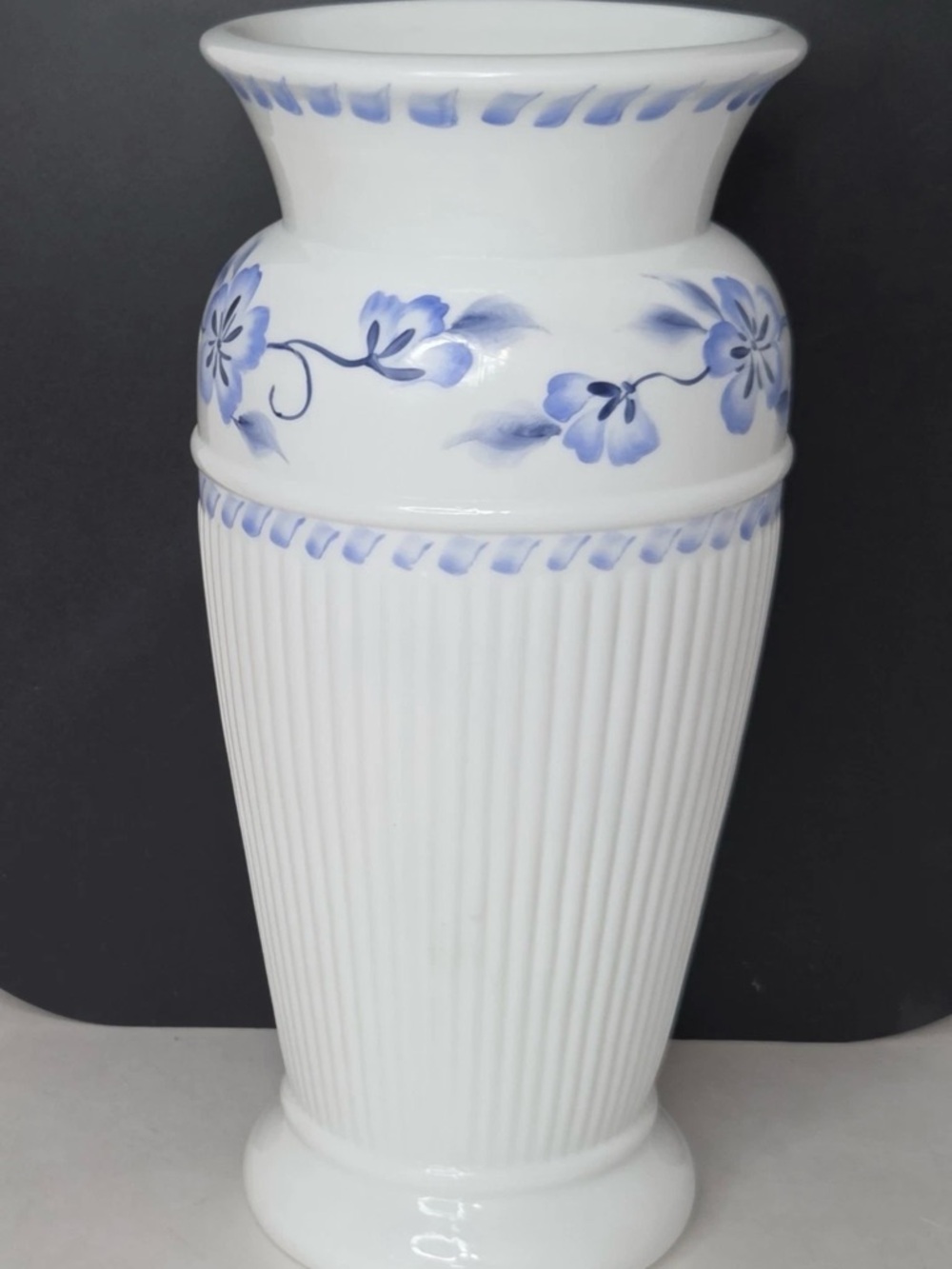 FENTON milk glass hand painted blue Floral Motif VASE signed by artist VTG